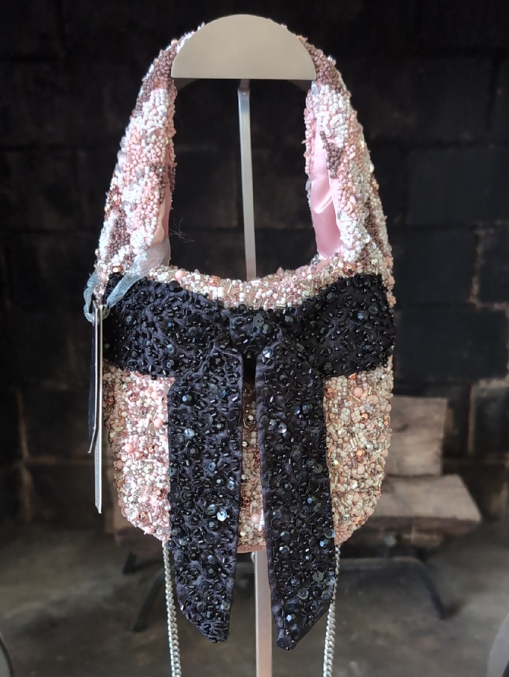 From India To You Beaded Pink Shoulder Bag with Black Sequin Bow